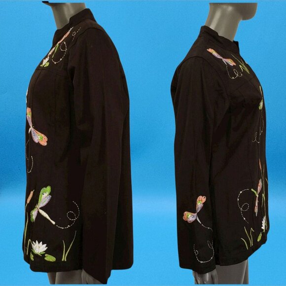 Quacker Factory Jacket Dragonfly Embroidered Black Coat Stretch Denium Medium - Picture 6 of 8